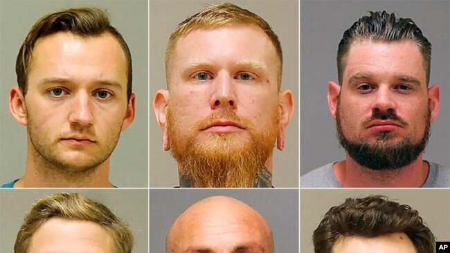These photos show (from top row left, clockwise) Kaleb Franks, Brandon Caserta, Adam Fox, Ty Garbin, Barry Croft Jr. and Daniel Harris, who were charged last fall with plotting to kidnap Michigan Governor Gretchen Whitmer.