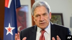 FILE - New Zealand Foreign Minister Winston Peters comments during an interview with The Associated Press in his parliamentary office in the capital, Wellington, Aug. 22, 2024.