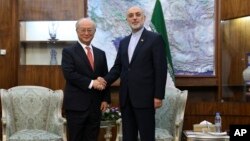 Kepala IAEA Yukiya Amano (kiri) bertemu dengan Kepala Badan Tenaga Atom Iran, Ali Akbar Salehi di Teheran hari Minggu (20/9).