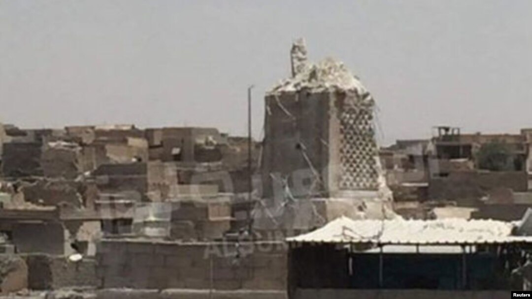 The destroyed Al-Hadba minaret at Grand al-Nuri Mosque is shown in Mosul, Iraq, June 22, 2017. 