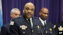 FILE - Eddie Johnson speaks to the media after Mayor Rahm Emanuel announced that he was appointing him the interim superintendent of the Chicago Police Department.