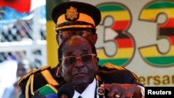 FILE: Zimbabwe President Robert Mugabe addresses crowds gathered for the country's 33rd independence celebrations at the National Sports stadium in Harare, April 18, 2013.