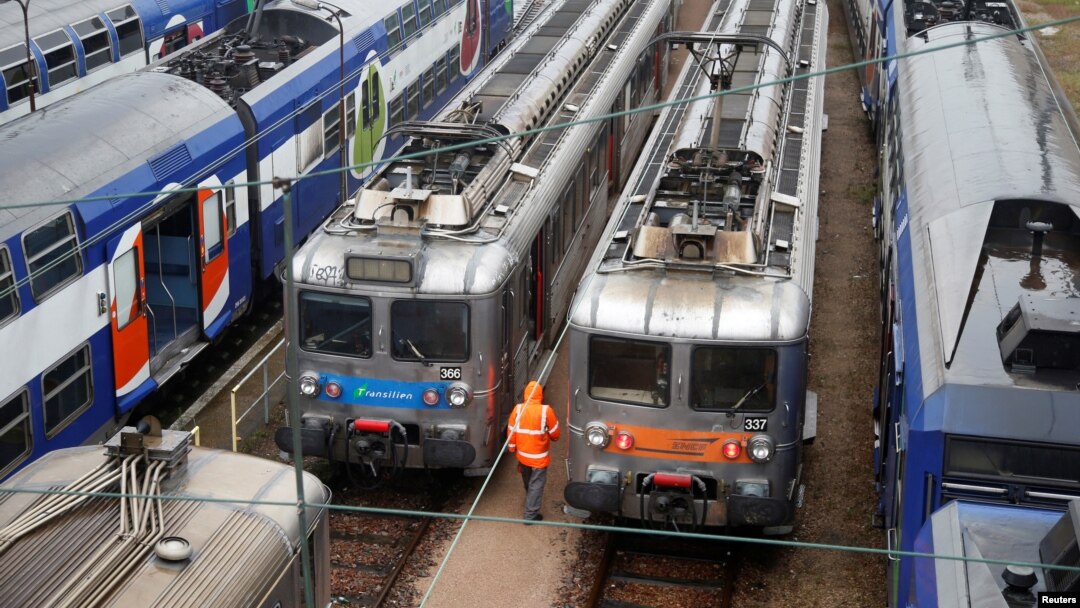 Transilien trains, the suburban railway service of French state-owned railway company SNCF, are parked at a SNCF depot station in Charenton-le-Pont near Paris, France, May 31, 2016 as railway workers will start a national railway strike on Tuesday evening
