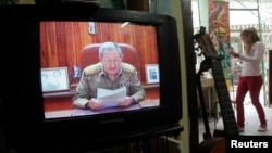 FILE - A television shows Cuba's President Raul Castro speaking during a television broadcast in Havana, Dec. 17, 2014. 