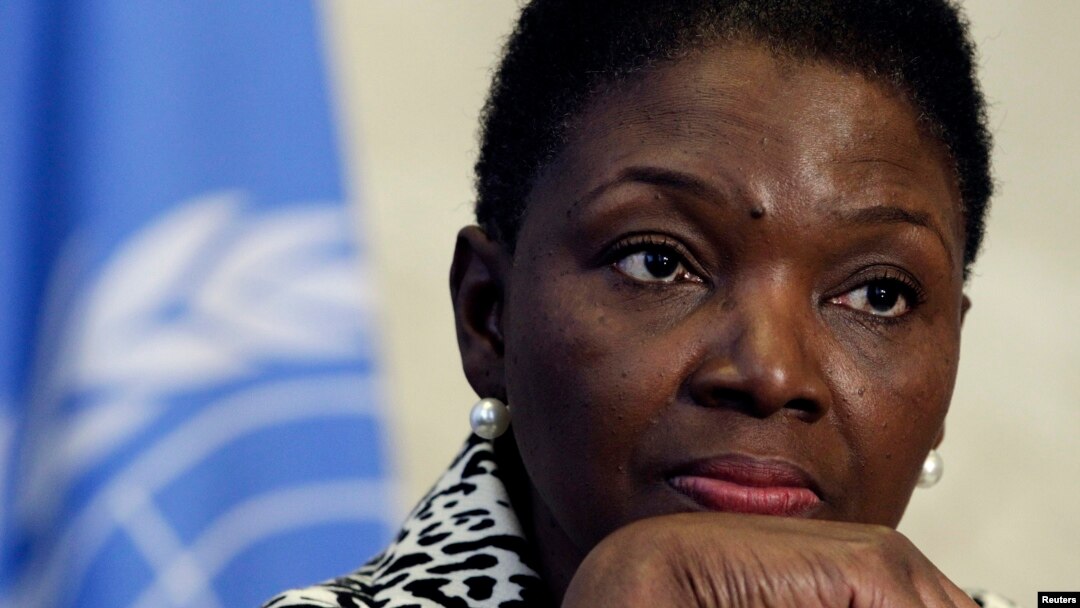 FILE - Humanitarian chief Valeria Amos listens a news conference after the seventh Syrian Humanitarian Forum at the United Nations European headquarters in Geneva, February 2013.