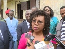 FILE - Cameroon's minister of secondary education, Nalova Lyonga, speaks to the media in Buea, Cameroon, July 17, 2019. (Moki Kindzeka/VOA)