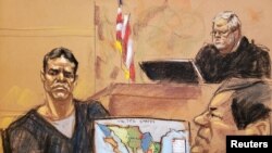 FILE - Vicente Zambada takes the witness box at the trial of accused Mexican drug lord Joaquin "El Chapo" Guzman, right, in this courtroom sketch in Brooklyn federal court in New York, Jan. 3, 2019. 