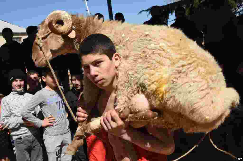 A boy carries his trophy - a sheep - after winning an amateur wrestling tournament during the celebrations of Nowruz (New Year) in the town of Marneuli, where ethnic Azerbaijanians reside, outside Tbilisi, Georgia.