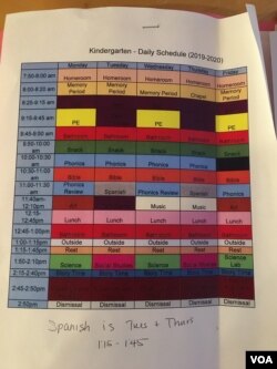 The children participate in their regular school schedule in video conferencing. Here's a look at the schedule. (Eunjung Cho/VOA)