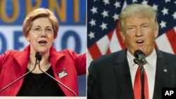 From left, U.S. Senator Elizabeth Warren, a Democrat from Massachusetts, at the California Democrats State Convention in Anaheim, Calif., May 16, 2015, and Republican front-runner Donald Trump at a rally in Eugene, Ore., May 6, 2016.