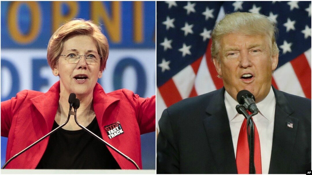 Senator AS Elizabeth Warren, anggota partai Demokrat dari Massachusetts (kiri) dan Capres AS unggulan partai Republik, Donald Trump (Foto: dok).