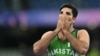 Pakistan's Arshad Nadeem reacts as he competes in the men's javelin throw final at the Paris 2024 Olympic Games in Saint-Denis on Aug. 8, 2024. Nadeem made an Olympic-record throw and won the gold medal.