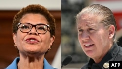 FILE - Los Angeles, California, Mayor Karen Bass, left, on Aug. 17, 2023, and Los Angeles City Fire Chief Kristin Crowley on June 14, 2024. Bass fired Crowley on Feb. 21, 2025, blaming her for leadership failures in the handling of deadly blazes in California in January.