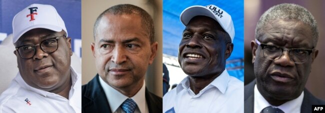 (COMBO) This combination of pictures created on December 12, 2023 shows (From L to R) Democratic Republic of Congo's incumbent President Felix Tshisekedi and challengers Moise Katumbi, Martin Fayulu and Dr. Denis Mukwege.