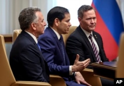 U.S. Secretary of State Marco Rubio, center, White House national security adviser Mike Waltz, right, and U.S. Middle East envoy Steve Witkoff attend an interview after meeting with Russian officials to discuss the war in Ukraine, in Riyadh, Saudi Arabia, Feb. 18, 2025.