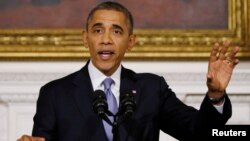 지난 17일 , 오바마 대통령이 연방정부의 부분적인 업무정지가 해제된 것에 대해 연설하고 있다. 