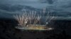 ARCHIVO - Fuegos artificiales se ven en esta vista aérea del Estadio Nemesio Camacho para el partido de fútbol de la liga profesional colombiana entre América e Independiente Santa Fe, en Bogotá, Colombia, el domingo 27 de diciembre de 2020.