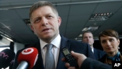 Robert Fico chairman of the SMER-Social Democracy addresses media after a TV debate after Slovakia's general elections in Bratislava, Slovakia, March 6, 2016. 