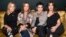 FILE - The Go-Go's band members, from left, Charlotte Caffey, Belinda Carlisle, Jane Wiedlin and Kathy Valentine pose together during previews for the new Broadway musical "Head Over Heels" in New York, July 12, 2018.