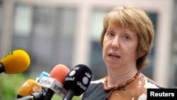 Kepala kebijakan luar negeri Uni Eropa Catherine Ashton dalam pertemuan di Brussels (15/8). (Reuters/Laurent Dubrule)