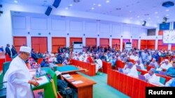 Nigeria President Muhammadu Buhari speaks during the presentation of 2023 appropriation budget to the National Assembly in Abuja