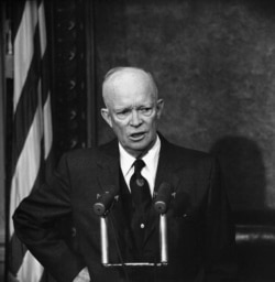 FILE - President Dwight Eisenhower speaks during a news conference in Washington, Dec. 10, 1958.