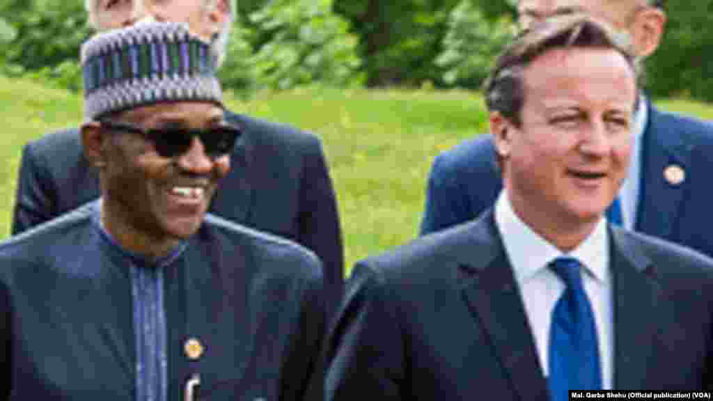 Shugaban Najeriya Muhammadu Buhari da Firayim Ministan Britaniya David Cameron a Taron G7, Munich, Yuni 8, 2015.