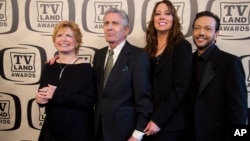 FILE - Bonnie Franklin, Pat Harrington Jr., Mackenzie Phillips and Glenn Scarpelli arrive to the TV Land Awards 10th Anniversary in New York, April 14, 2012.