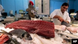 FILE -A piece of yellowfin tuna, top, is displayed at a fish shop in Ghent, Belgium, June 12, 2012.