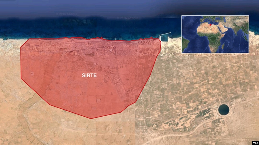 Peta Sirte, Libya, tempat serangan-serangan udara AS yang menyasar ISIS.