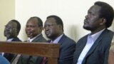 South Sudan Information Minister Michael Makuei says Pagan Amum (second from left) jeopardized his position as SPLM secretary-general by signing the IGAD-Plus peace deal for South Sudan last month.