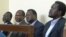 Former SPLM secretary-general Pagan Amum (second from left) testified in his own defense in a court in Juba on Friday, April 11.