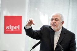 Iran's Foreign Minister Javad Zarif holds a lecture at Stockholm International Peace Research Institute in Stockholm, Sweden, Aug. 21, 2019.