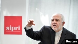 Iran's Foreign Minister Javad Zarif holds a lecture at Stockholm International Peace Research Institute in Stockholm, Sweden, Aug. 21, 2019. 