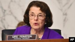 FILE - Sen. Dianne Feinstein speaks during a hearing of the Senate Judiciary Committee on Capitol Hill in Washington, Oct. 15, 2020.