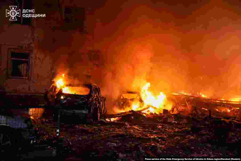 A view shows the site of a Russian drone strike in Odessa, Ukraine.