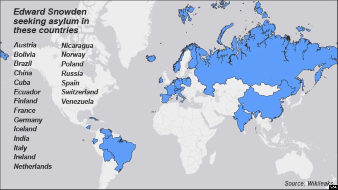 Snowden requested asylum in several countries