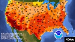 Un mapa de la Administración Nacional Oceánica y Atmosférica (NOAA) muestra las altas temperaturas expresadas en grados Fahrenheit que se esperan este fin de semana.