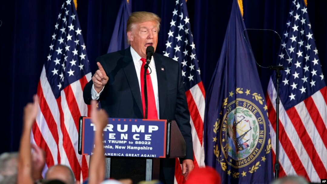 Calon presiden Amerika Serikat dari Partai Republik Donald Trump saat berkampanye di Laconia Middle School, 15 September 2016 (AP Photo/ Evan Vucci).