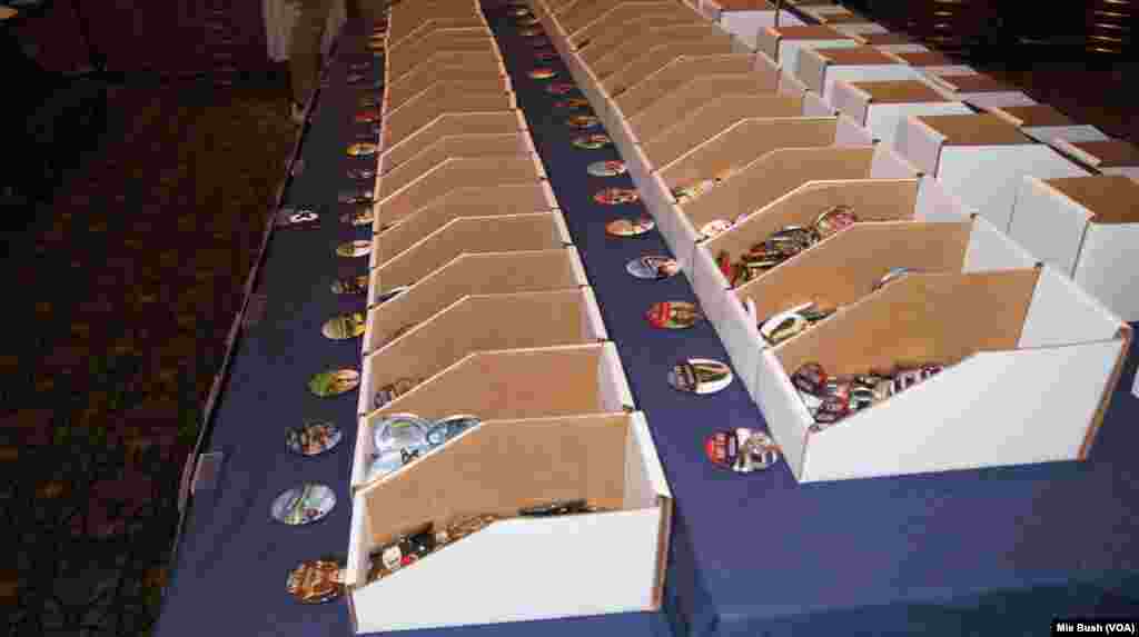 More than two dozen buttons supporting Hillary Clinton can be found in the Pennsylvania Convention Center, where delegates were gathered for the Democratic National Convention in Philadelphia, July 26, 2016.