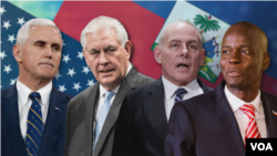 Foto konbinezon soti agoch pou rive a dwat: Vis Prezidan Ameriken an, Mike Pence, Sekretè Deta Rex Tillerson, Minis Sekirite Teritoryal Ameriken an John Kelly ak Prezidan Ayisyen an ,Jovenel Moise.