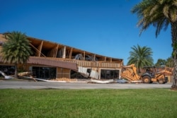 A collapsed building is seen after Hurricane Zeta swept through New Orleans, Oct. 29, 2020.