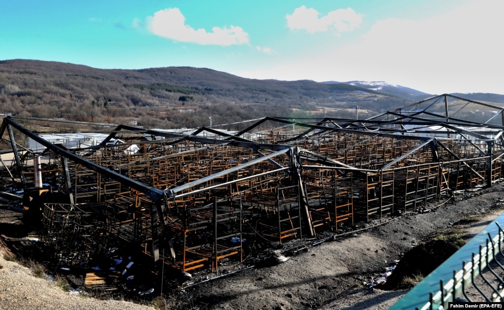 Camp Lipa after the fire in which hundreds of migrants were staying in Bihac, December 29, 2020