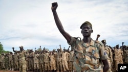 Des soldats lèvent le poing lors du 34e anniversaire de l'Armée populaire de libération du Soudan, en présence du président Salva Kiir à Juba, 18 mai 2017. AP / Samir Bol
