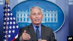 FILE - Dr. Anthony Fauci, director of the National Institute of Allergy and Infectious Diseases, speaks during a press briefing at the White House in Washington, April 13, 2021. 