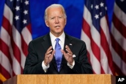 FILE - Democratic presidential candidate former Vice President Joe Biden speaks during the fourth day of the Democratic National Convention, August 20, 2020, at the Chase Center in Wilmington, Delaware.