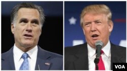 FILE - From left, former Republican presidential nominee Mitt Romney and President-elect Donald Trump.