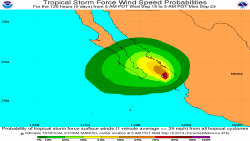 Ubicación prevista de la tormenta tropical Manuel sobe el Mar de Cortés.