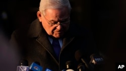 Former Senator Bob Menendez, a New Jersey Democrat, speaks after being sentenced to 11 years in prison on a conviction for accepting bribes and acting as an agent of Egypt, Jan. 29, 2025, in New York.