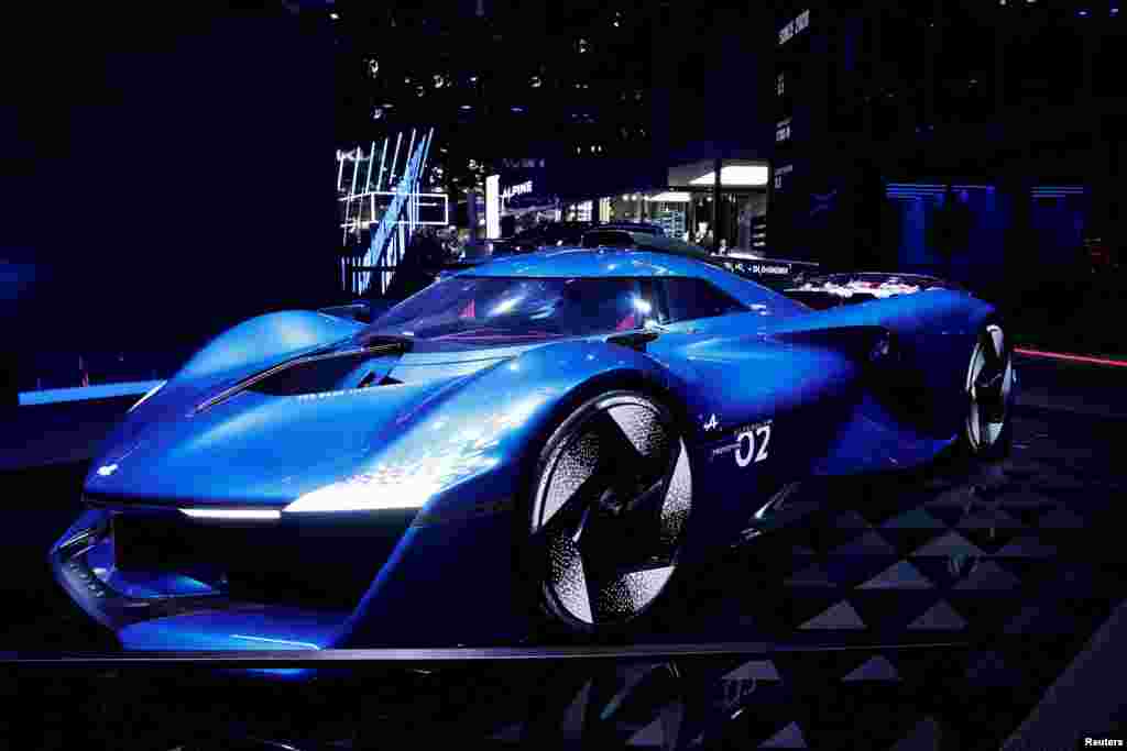 The Alpine Alpenglow Hy6 prototype car is displayed on media day at the 2024 Paris Auto Show in Paris, France.